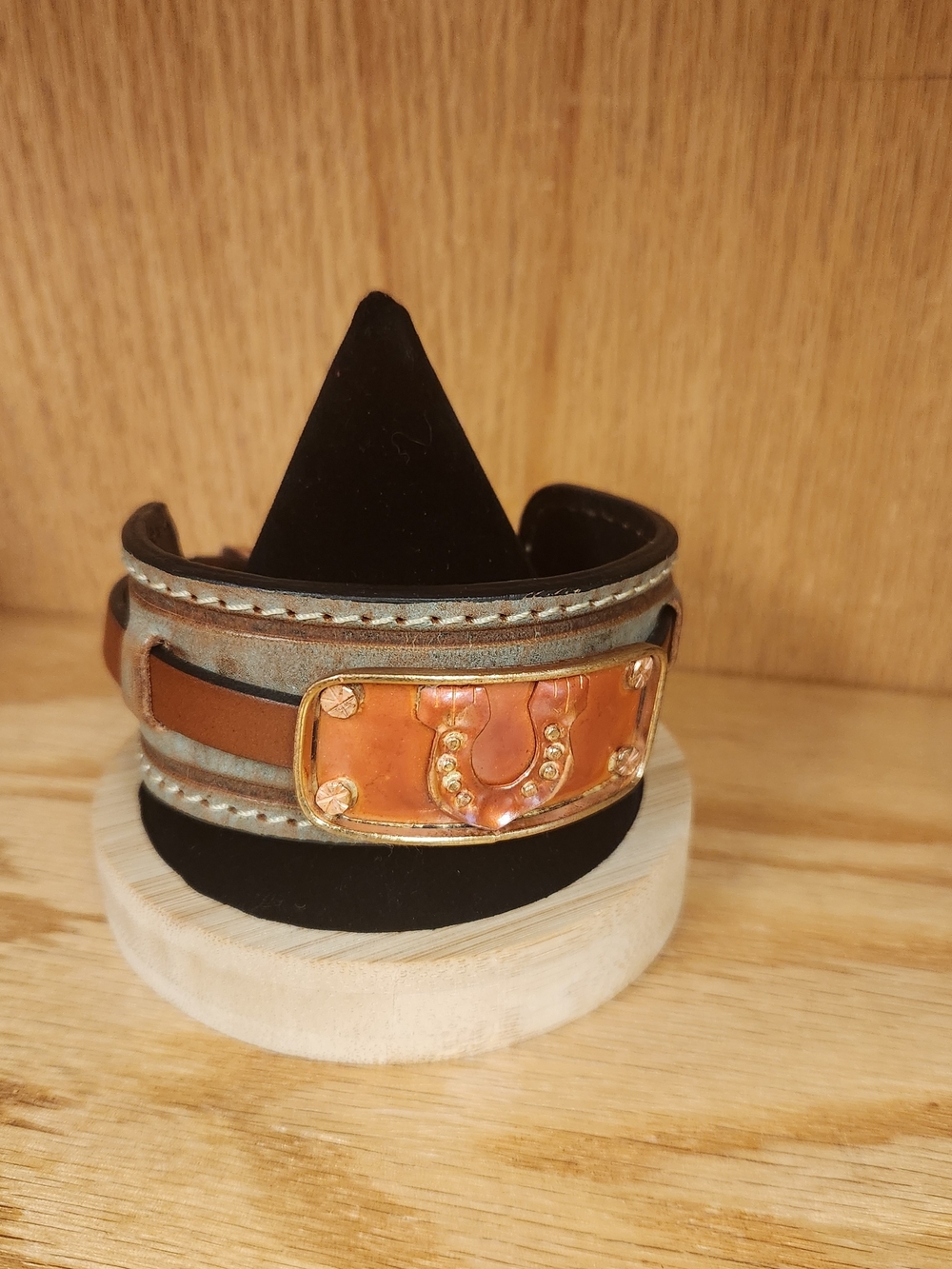 Leather Cuff Bracelet with Copper Horseshoe Accent - Adjust Brown Cuff. 9x1.5"